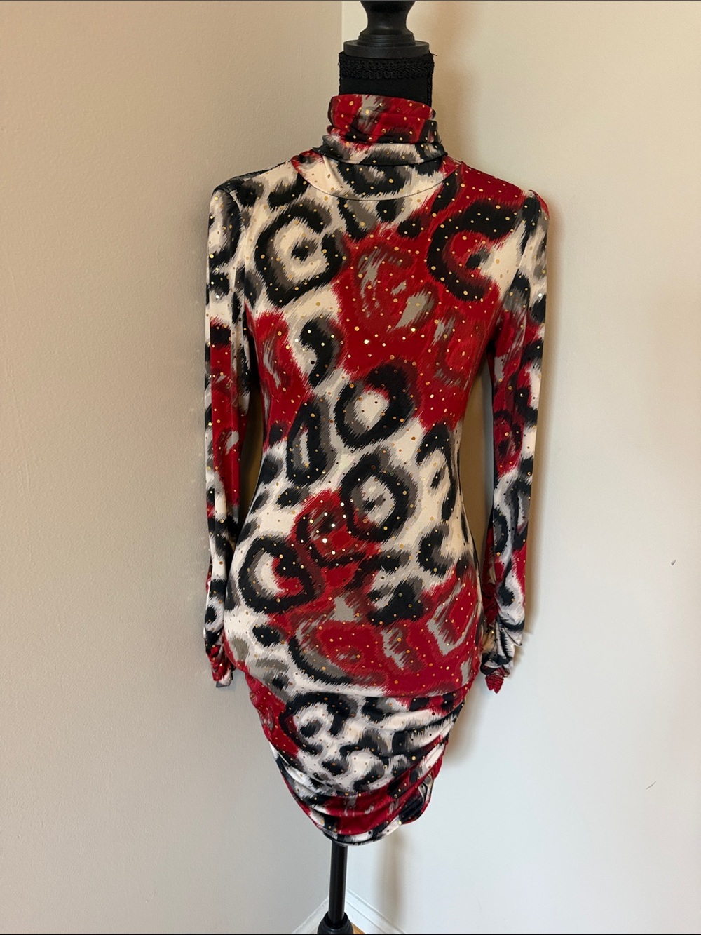 monaco Red, Black & White Animal-Print Long Sleeve Turtleneck Dress